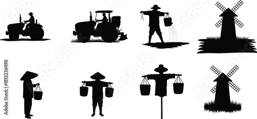 Agriculture silhouette collection set, black vector illustration featuring farm tractor, traditional farmer with conical hat, wooden scarecrow, and vintage windmill for rural graphic design.