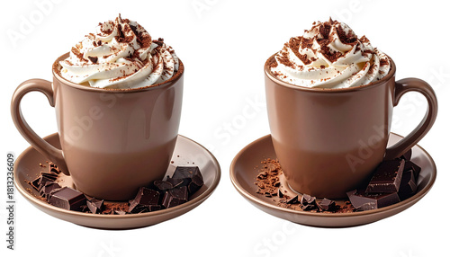 Hot Cocoa Mug with Whipped Cream and Chocolate Pieces isolated on transparent background