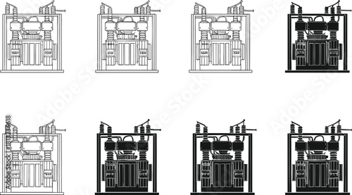 Electrical transformer illustrations, coil and insulator components, schematic power distribution units for infrastructure, flat vector