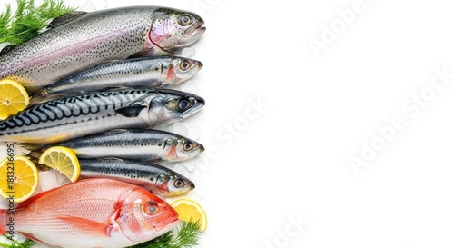 Fresh fish on a white background with lemon slices and herbs.