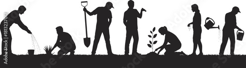Volunteers Planting Trees Silhouette, Group of People Gardening Vector Illustration, Reforestation Project, Earth Day Concept, Environmental Conservation, Teamwork