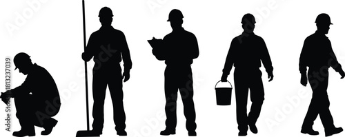 Collection of black vector silhouettes showing construction workers, builder crouching, man sweeping floor, engineer reading clipboard, laborer with bucket, and person walking with helmet.