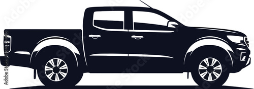 Black pickup truck silhouette, side view, isolated on white background.