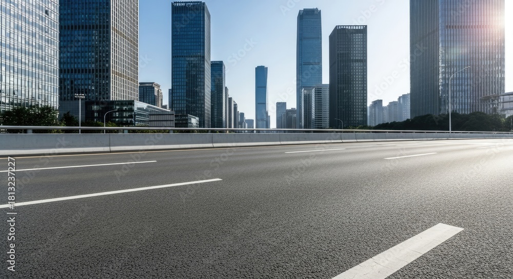 Obraz premium Empty city street with modern skyscrapers in the background.