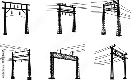 Electrical transmission tower silhouettes, high-voltage pylons, power grid structures, energy infrastructure icons, flat vector
