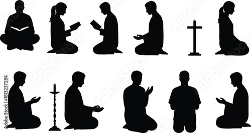 Collection of religious vector silhouettes depicting people praying, kneeling, meditating, and worshiping God with holy symbols including Christian cross and candlestick holder for spirituality.