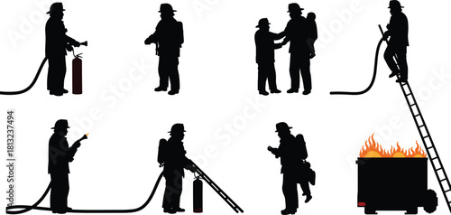 Set of black silhouettes of firefighters in different poses, holding hoses, climbing ladders, and rescuing people, including a burning dumpster fire, vector illustration, isolated.