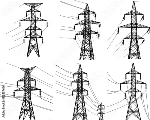 Electrical transmission towers, power pylons, grid infrastructure, high-voltage lines, utility poles, engineering structures – flat vector