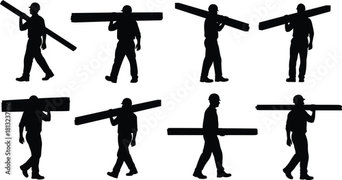 Set of construction worker silhouettes carrying wood planks on shoulders, wearing hard hats, builder vector illustration collection isolated on white background for industrial design projects.