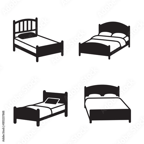 Bed Icon Collection Sleeping, Furniture, Mattress, and Bedroom Silhouette Vector Design.