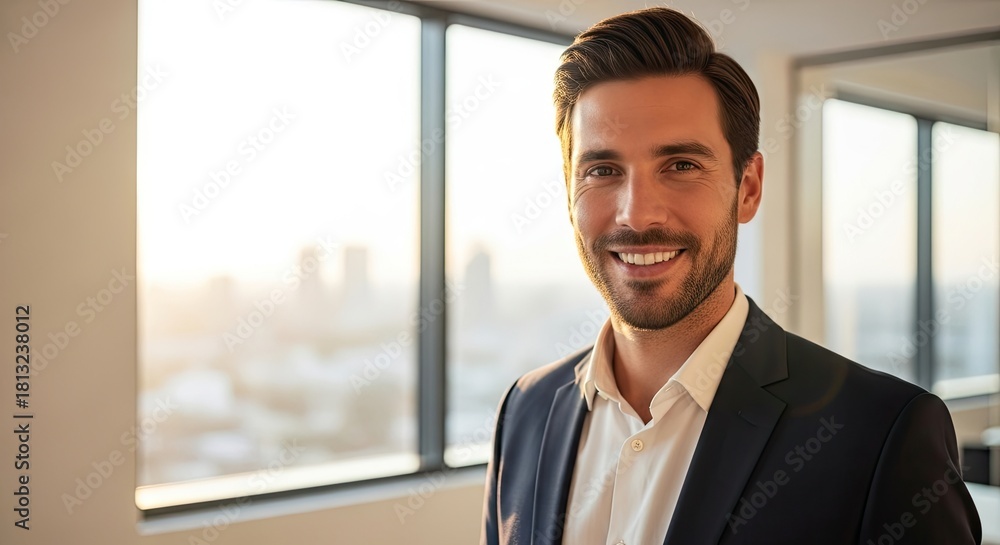 Fototapeta premium A smiling man in a suit standing in front of a window with a cityscape in the background.