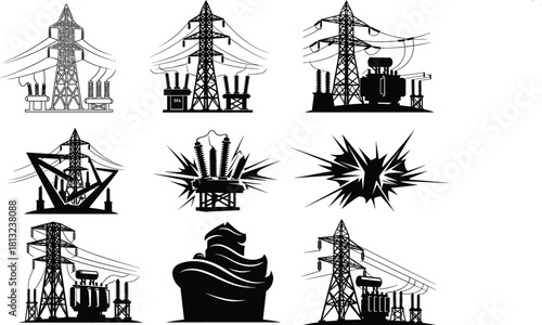 Electrical transmission towers, transformers, energy bursts, power infrastructure, high voltage grid system, abstract sparks, flat vector