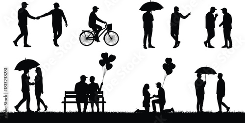 Silhouette set of people in a park, couples in love, man proposing with balloons, riding bicycle, shaking hands, walking under umbrella, vector illustration isolated.