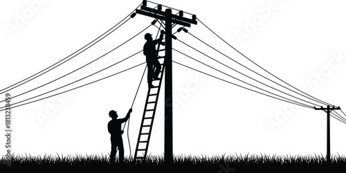 Silhouette vector illustration of two electricians working on power line pole, repairing high voltage electricity with ladder, maintenance crew fixing cables, outdoors utility industry.