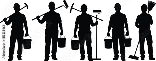 Silhouette vector illustration of five construction workers and painters holding tools, hard hats, buckets, and rollers, representing renovation and industrial labor team concept.