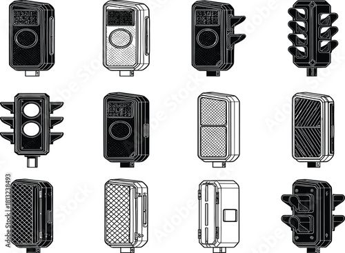 Electronic device enclosure illustrations, sensor and signal unit designs, industrial component layout reference set, flat vector