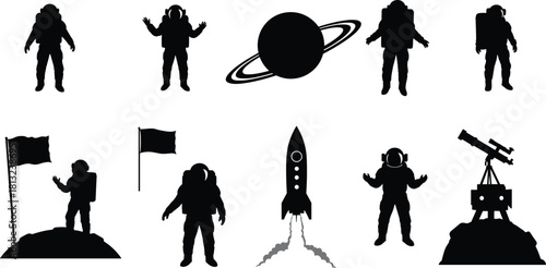 Vector illustration collection featuring black silhouettes of astronauts, saturn planet with rings, rocket ship launch, telescope, and spaceman planting flag on the moon surface.