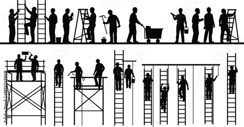 Vector silhouette set of construction workers and painters standing on metal scaffolding and climbing ladders to work on building renovation and industrial maintenance projects.