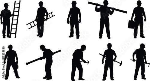 Vector silhouette collection of construction workers and builders wearing safety hard hats, holding ladders, carrying wooden planks, and using tools, isolated on white background
