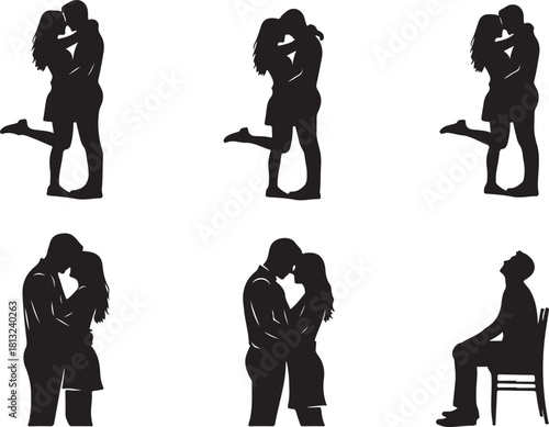 Silhouette of couples in love and a man in thoughts