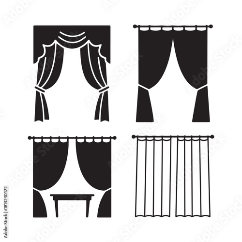  Decorative Curtain and Drape Icon Collection Window Treatment, Fabric, and Interior Design.