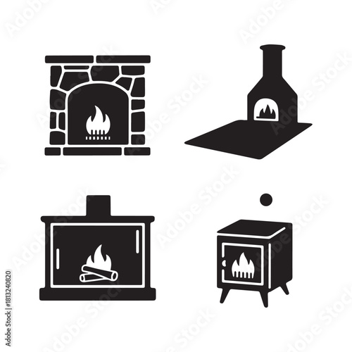  Four Fireplace and Heating Icons Stone Hearth, Wood Stove, and Modern Chimney Design.