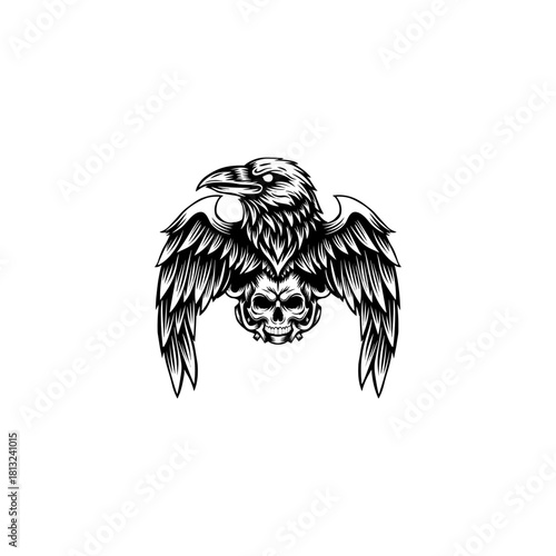 black and white illustration logo of a crow and skull
