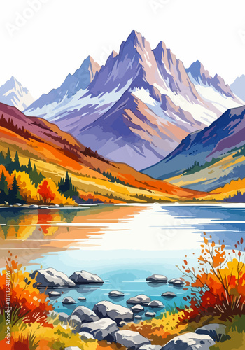 Vibrant watercolor illustration of a serene alpine lake reflecting majestic snow-capped mountains amidst a colorful autumn landscape