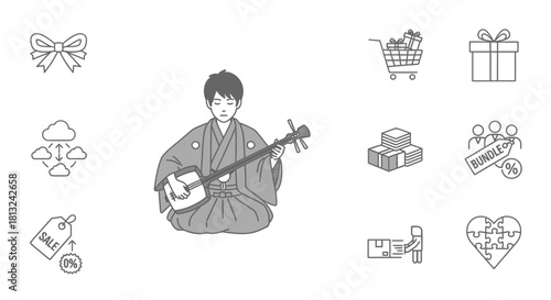 A person in traditional Japanese attire playing a shamisen, surrounded by various line icons representing shopping, technology, and leisure activities.