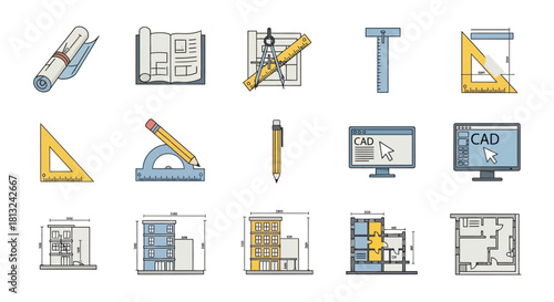 Collection of architectural design and drafting tools icons, including blueprints, rulers, compasses, and CAD software.