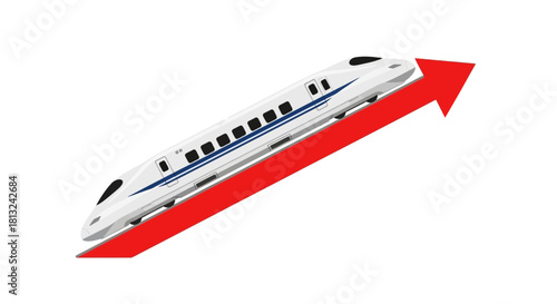 A modern white bullet train ascending along a prominent red arrow, symbolizing progress and upward movement.