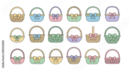 A collection of pastel-colored empty gift baskets and Easter baskets with decorative bows, featuring various patterns and designs.