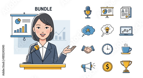 Professional woman giving a business presentation at a podium with a microphone, surrounded by various business and success-related icons.
