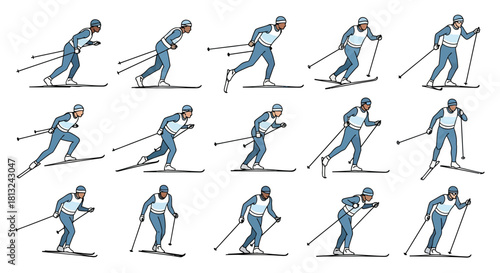 A detailed sequence of illustrations showing a person performing various cross-country skiing techniques and movements, demonstrating the full range of motion.