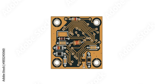 A close-up view of a small square printed circuit board with visible copper traces and various electronic components.