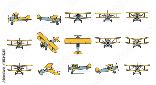 A collection of vintage biplane illustrations from various angles, showcasing different views of the classic aircraft.