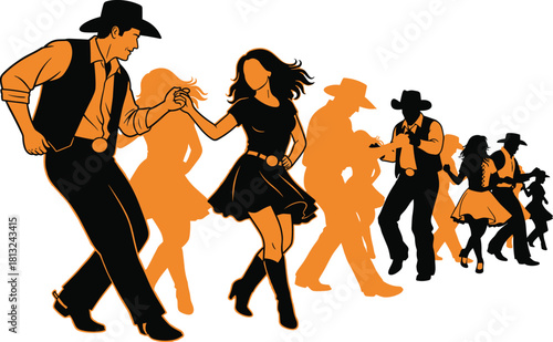 Energetic country dance couple silhouette with western outfits, cowboy hats, and dynamic movement forming a lively line dancing vector illustration.
