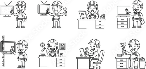 Engineer man character working with computer, wrench, and tools in office and workshop scenes for technical design illustration