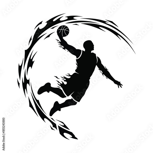 Basketball Player Slam Dunk Silhouette with Flame Effect sport athlete action motion energy fire jump competition game power skill