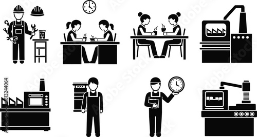 Factory workers, engineers, machine operators, and cafeteria employees in detailed industrial workplace silhouette illustration showing production, teamwork, equipment operation, and work routines