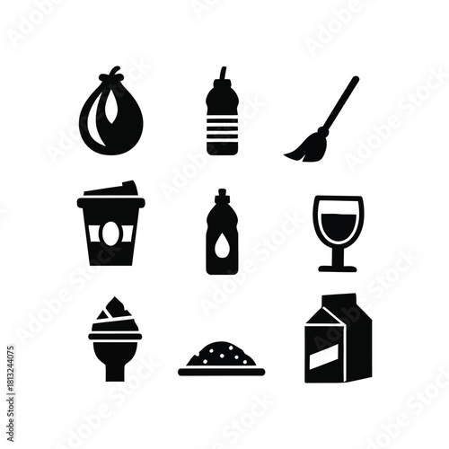 Black Silhouette Icons of Food and Drink pear water bottle coffee wine glass ice cream milk carton beverage fruit container glassware