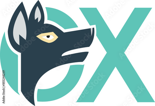 Teal and Dark Blue Fox Head with Letter X Keywords: fox, animal, head, logo, symbol, graphic