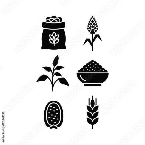 Cereal Crops Icon Set in Black and White grain wheat sorghum millet agriculture food plant symbol harvest seed sack bowl healthy staple