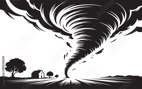 Tornado approaching a small house and trees in a field Keywords: tornado, twister, storm