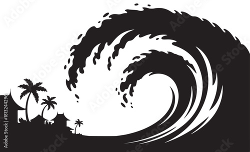 Tropical Village Threatened by Crashing Ocean Wave Silhouette tsunami water