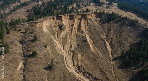Aerial View of a Massive Landslide Scar on a Forested Hillside