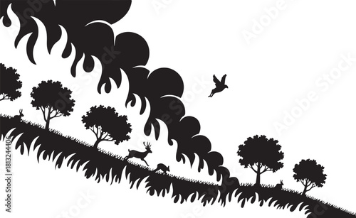 Wildlife Escaping a Massive Forest Fire Silhouette Keywords: forest fire, wildfire, flames