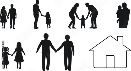 Family silhouettes vector illustration, parents and children together, happy family relationship concept with home icon design for community graphics