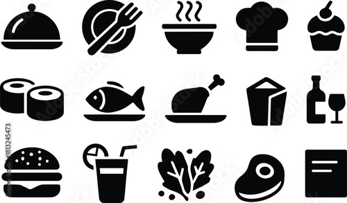 Black Food Icons Set – Restaurant & Meal Symbols.