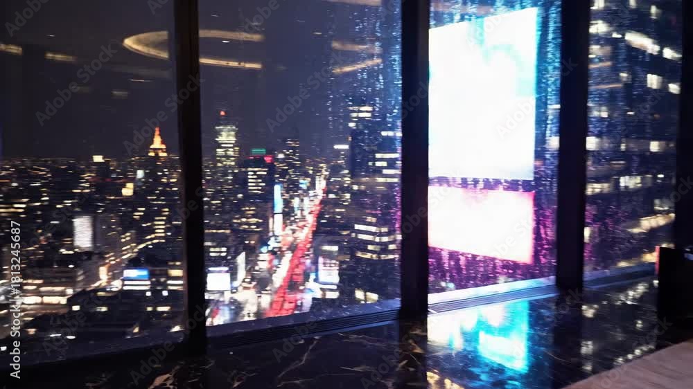 Luxurious modern penthouse living room with panoramic night city lights ...